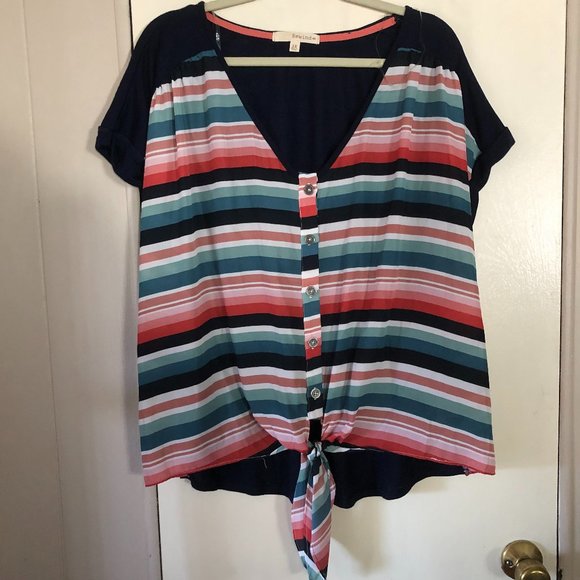 Rewind Tops - Plus Size Rewind Chiffon & Knit Button Down Front Tie Blouse Size 2X